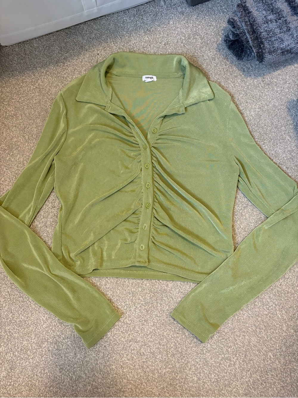 Garage Olive Green Ruched Button-Down Long Sleeve Top
